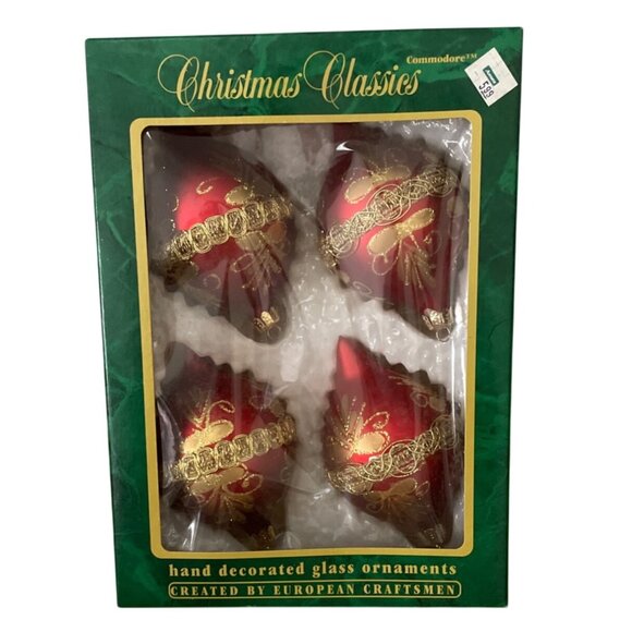 Vtg Commodore Christmas Classics Glass Ornaments Red Gold Hand Decorated Romania - Picture 1 of 9